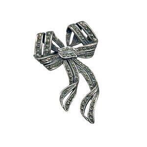 Vintage Bow Brooch Pin Sterling Silver & Marcasite Stones Ribbon Jewelry